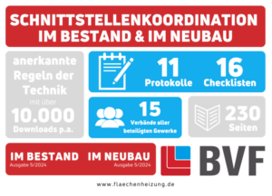 Die #Schnittstellenkoordination ist anerkannte Regel der Technik mit über 10.000 Downloads pro Jahr. Sie enthält 16 Checklisten, 11 Protokolle für den Einbau einer (Flächen-) Heizung und/oder Kühlung in Boden, Wand oder Decke. Sie wurde gemeinsam mit 15 Verbänden erarbeitet und enthält auf 230 Seiten alle relevanten Infos für ein mängelfreies Ergebnis.